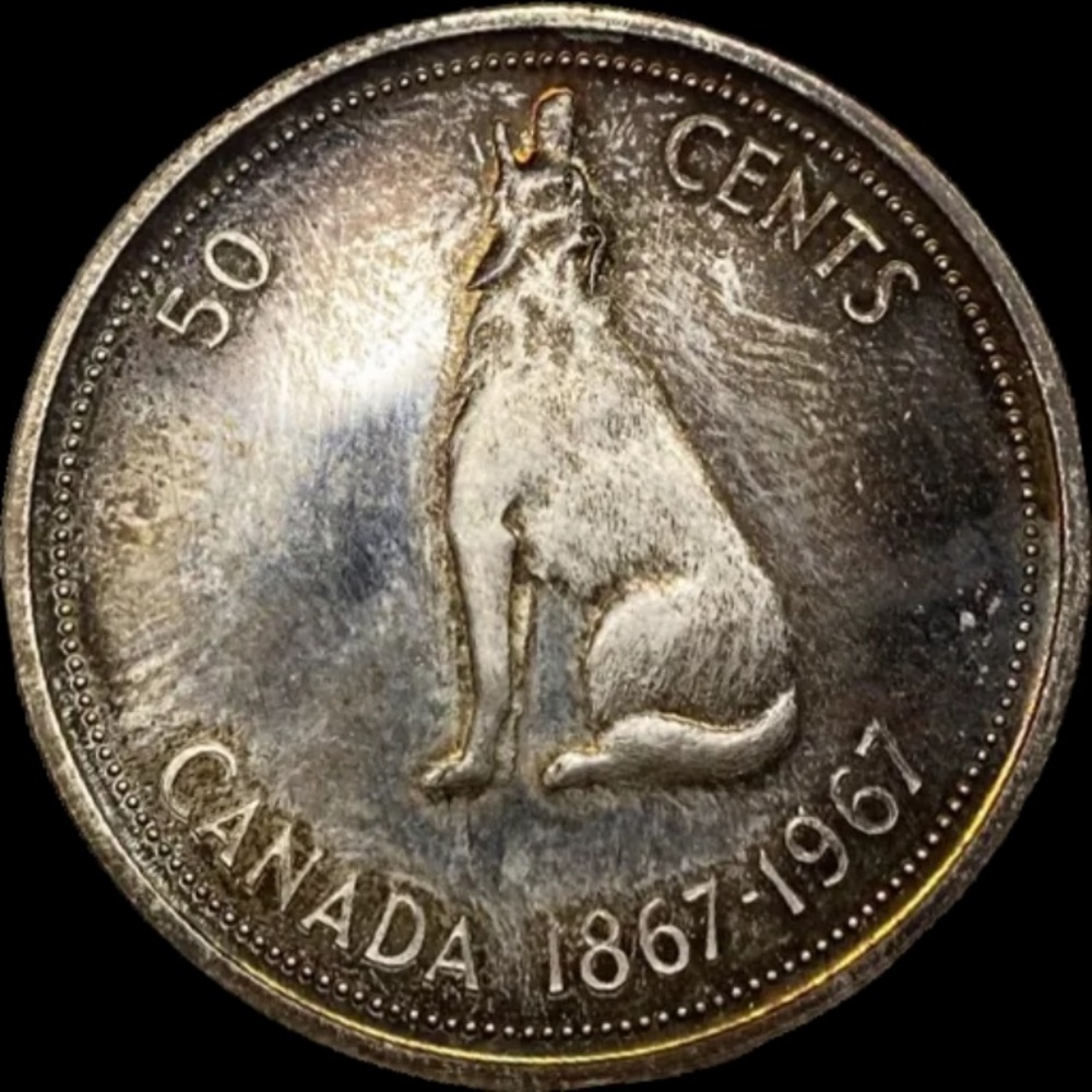 Canadian 50 Cents Coin with Wolf Design 1967 black tone